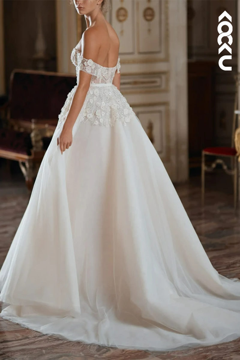 K1560 - Off-Shoulder Appliqued Beaded Sheer Tulle A-Line Long Wedding Dress