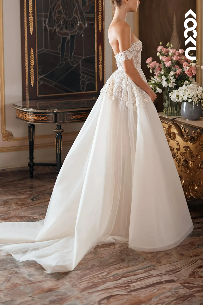 K1560 - Off-Shoulder Appliqued Beaded Sheer Tulle A-Line Long Wedding Dress