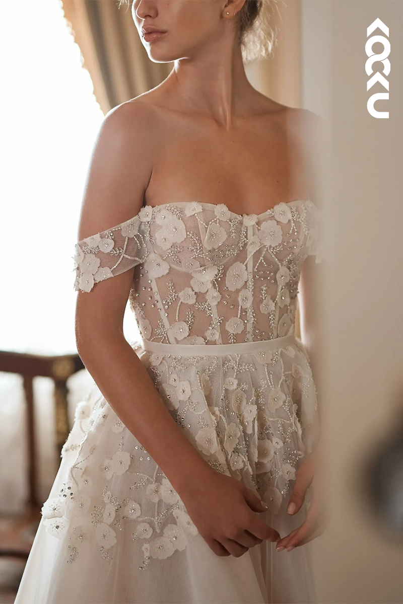 K1560 - Off-Shoulder Appliqued Beaded Sheer Tulle A-Line Long Wedding Dress