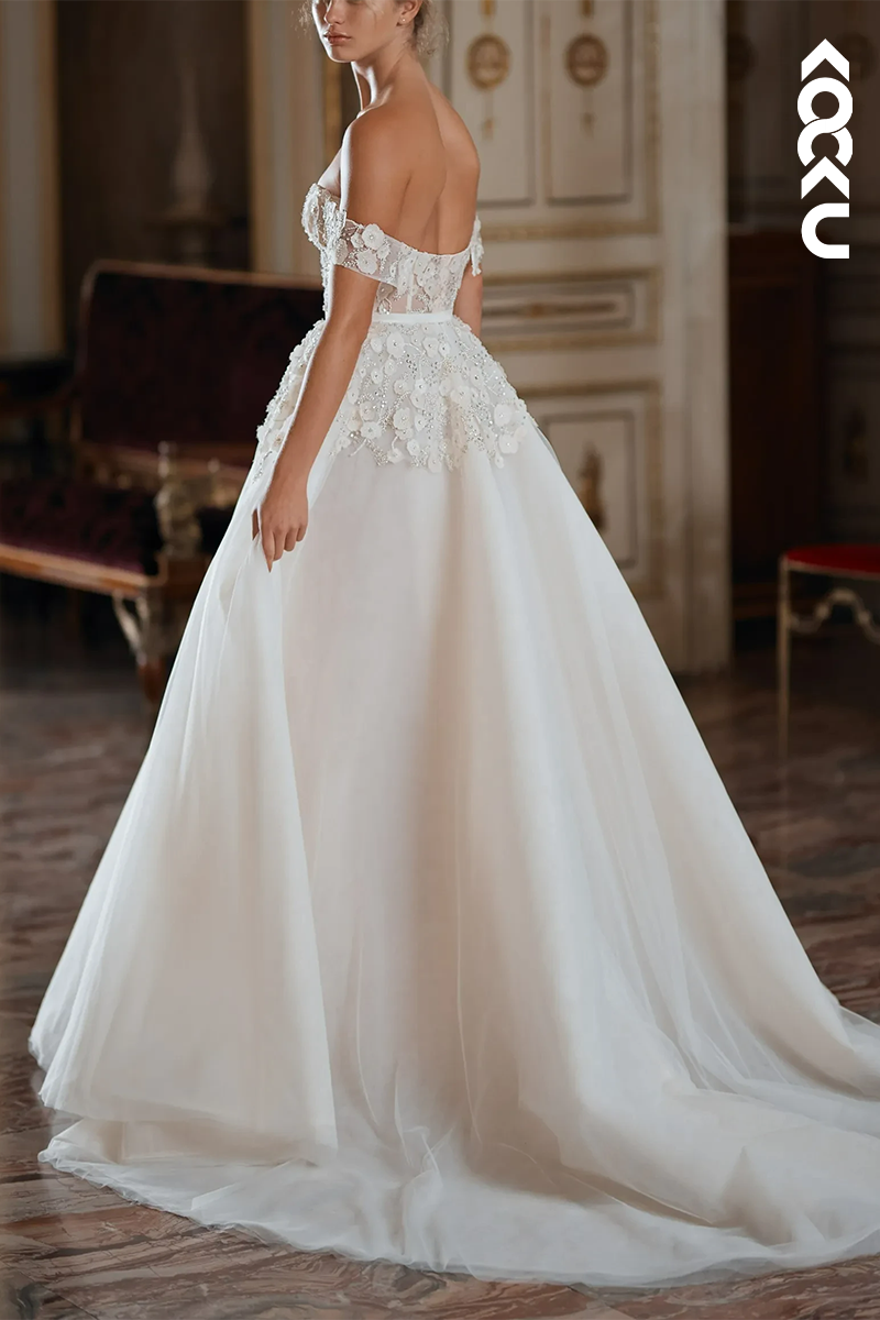 K1560 - Off-Shoulder Appliqued Beaded Sheer Tulle A-Line Long Wedding Dress