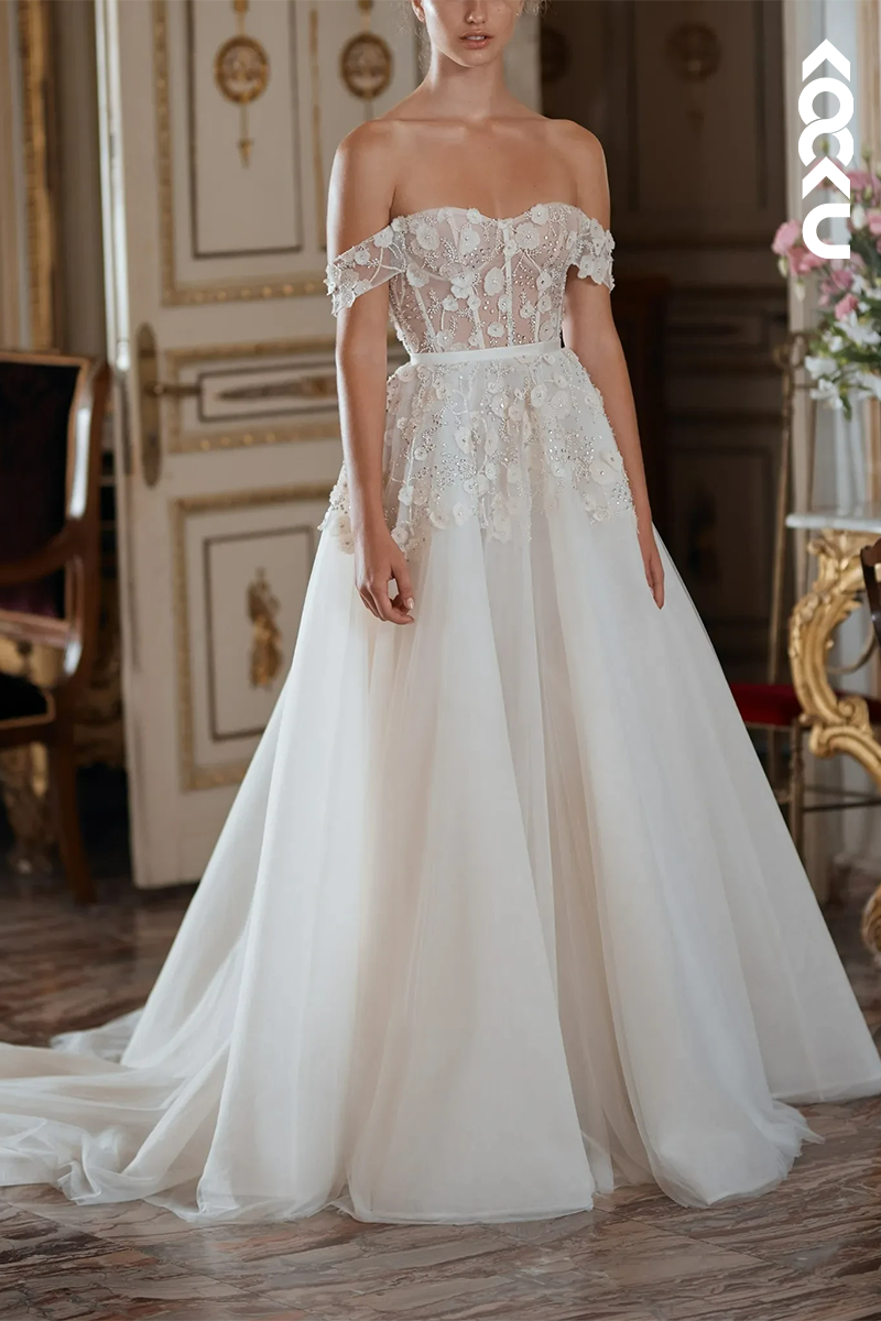 K1560 - Off-Shoulder Appliqued Beaded Sheer Tulle A-Line Long Wedding Dress