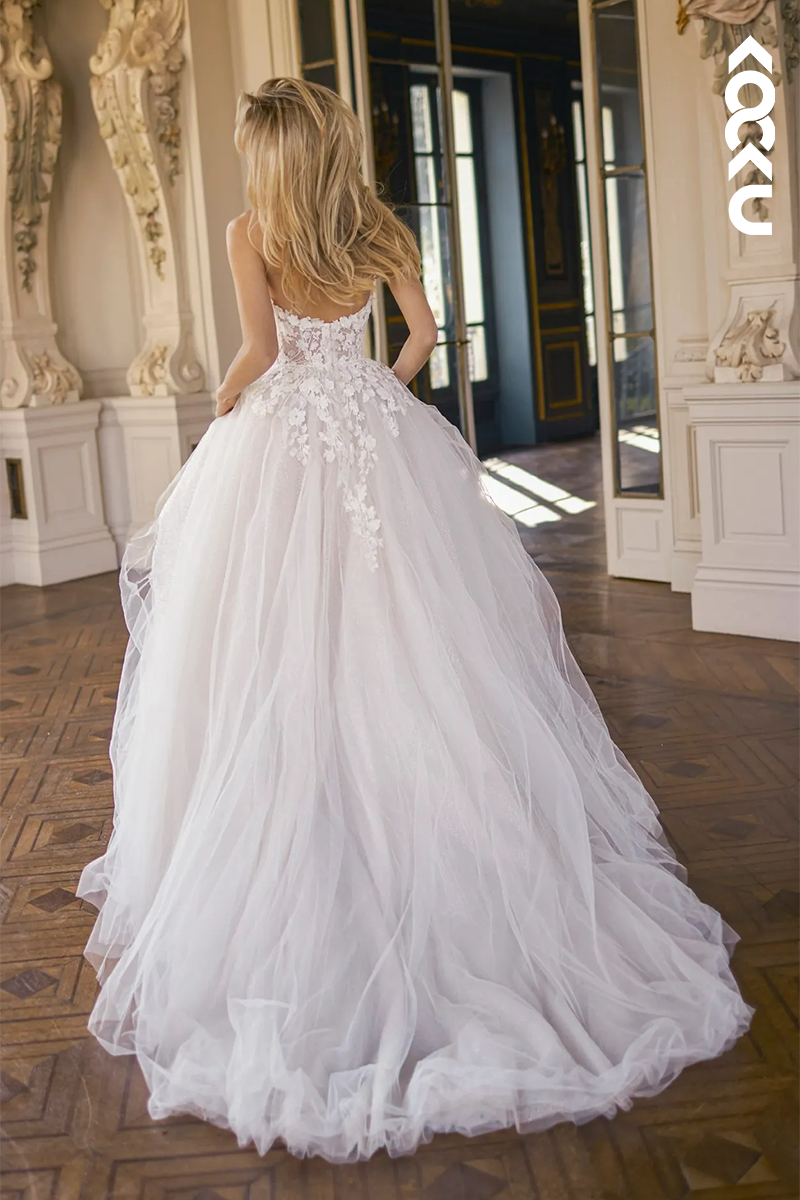 K1561 - Low V-Neck Strapless Appliqued Sparkly Tulle A-Line Long Wedding Dress