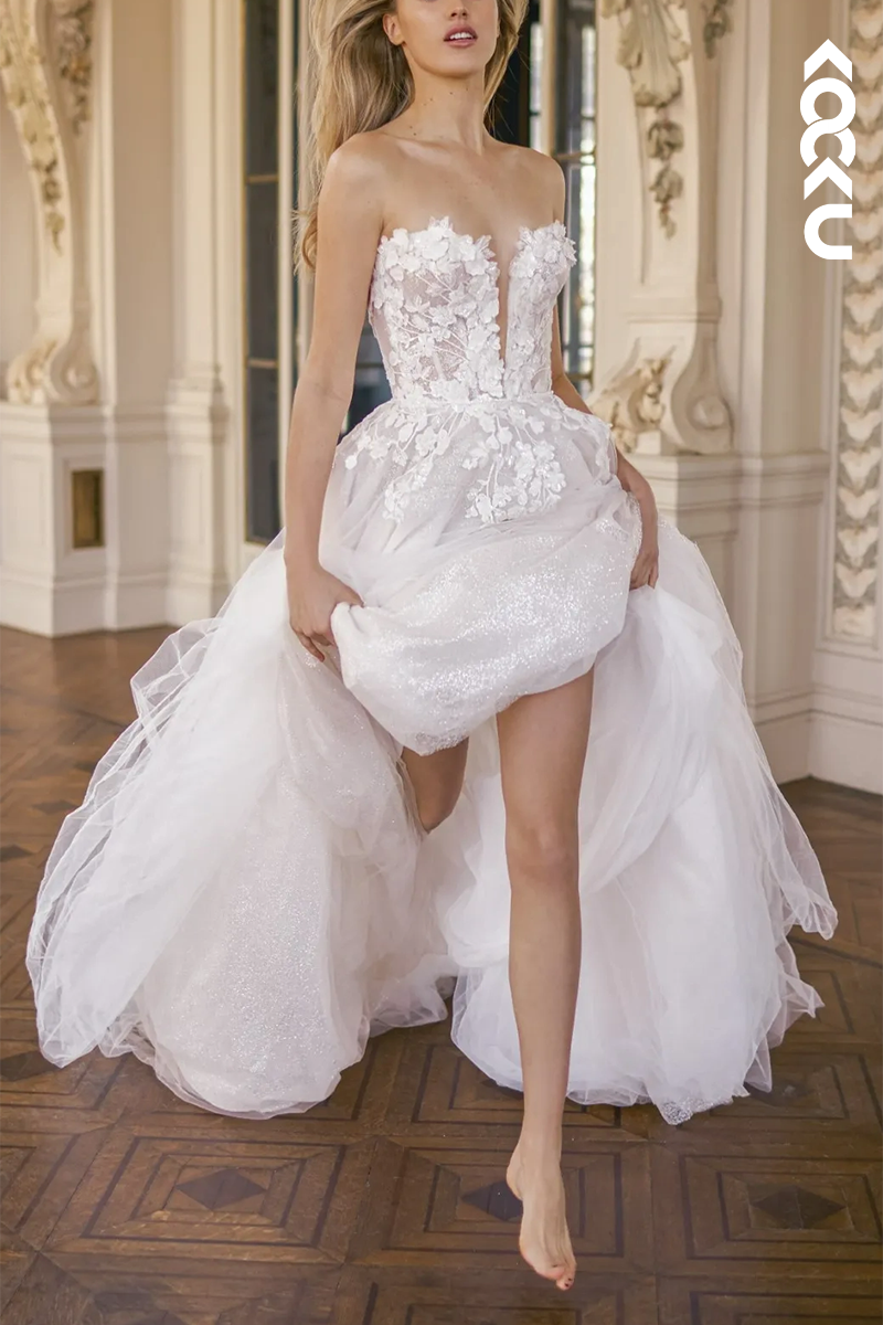 K1561 - Low V-Neck Strapless Appliqued Sparkly Tulle A-Line Long Wedding Dress