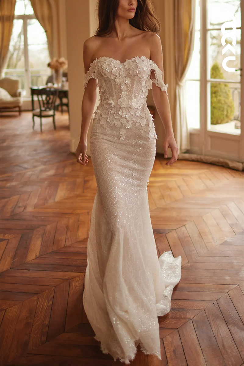 K1562 - Sweetheart Sequined Appliqued Sheer Tulle Mermaid Long Wedding Dress