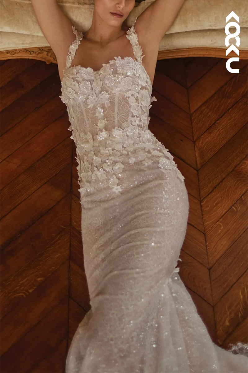 K1562 - Sweetheart Sequined Appliqued Sheer Tulle Mermaid Long Wedding Dress