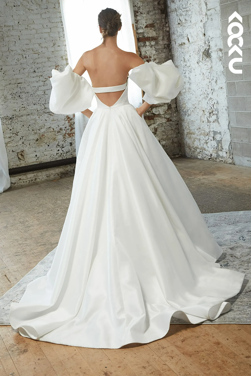 K1565 - V-Neck Strapless Satin A-Line Long Wedding Dress With Detachable Sleeves