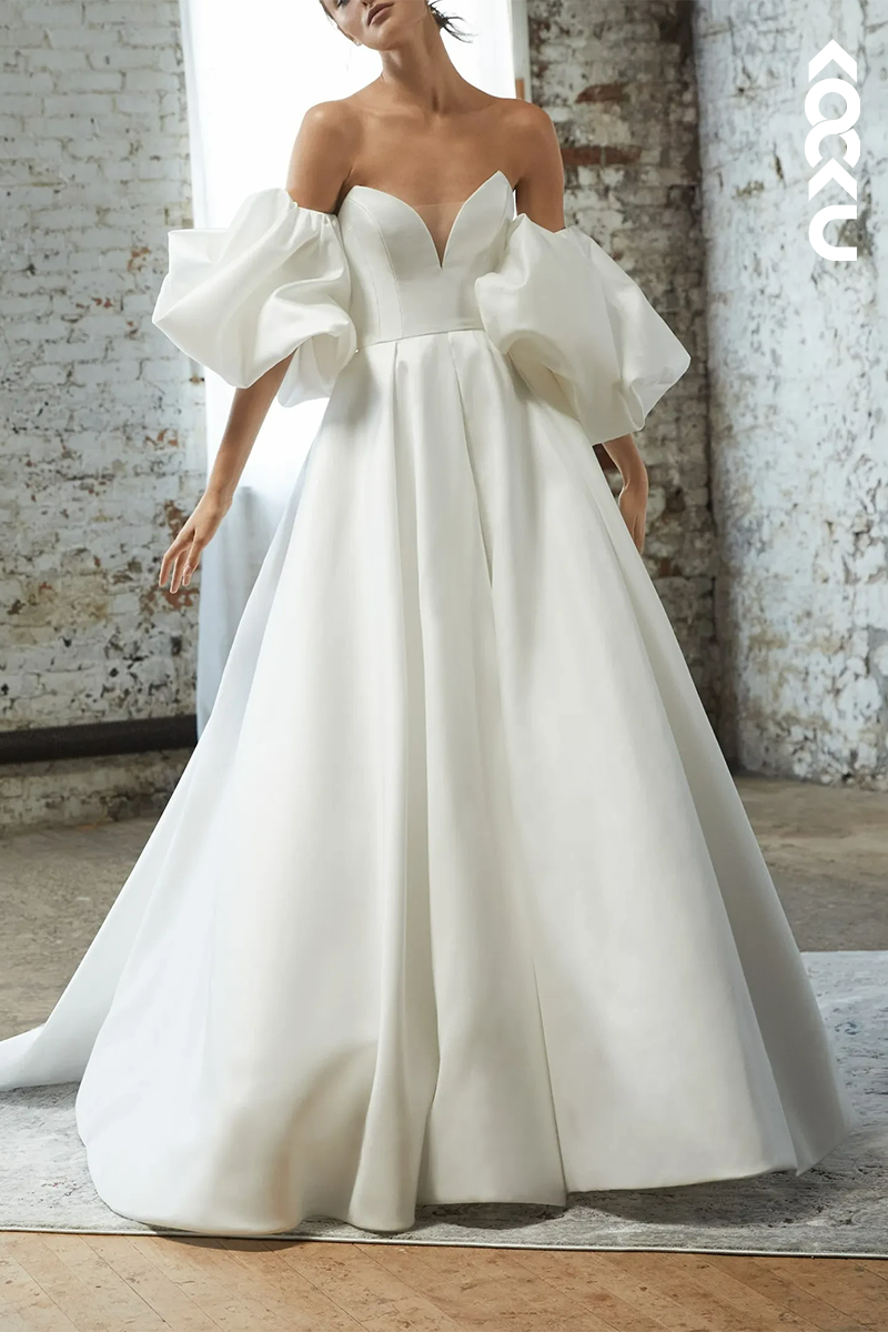 K1565 - V-Neck Strapless Satin A-Line Long Wedding Dress With Detachable Sleeves