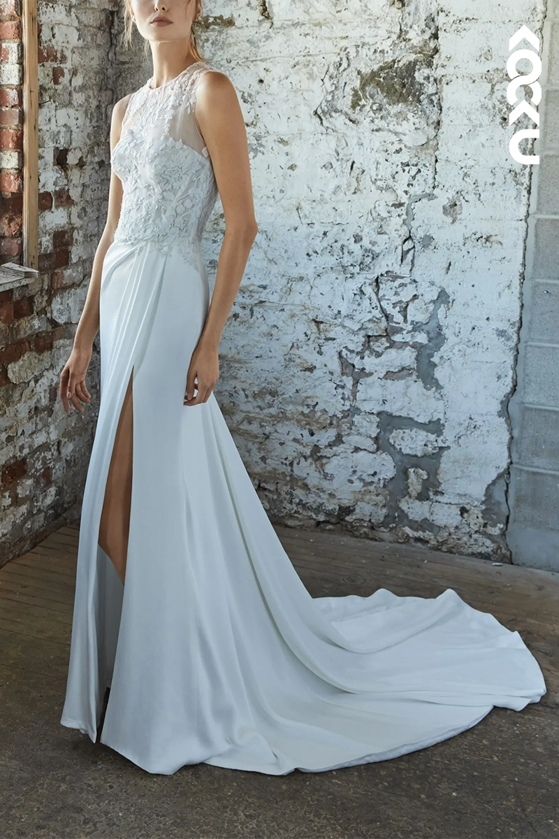 K1566 - Scoop Sleeveless Appliqued Sheer Tulle Satin Sheath Long Wedding Dress