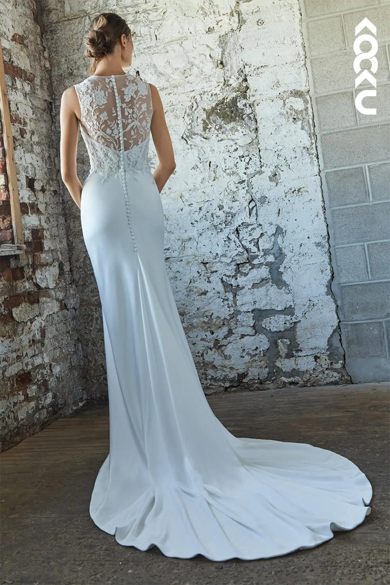 K1566 - Scoop Sleeveless Appliqued Sheer Tulle Satin Sheath Long Wedding Dress