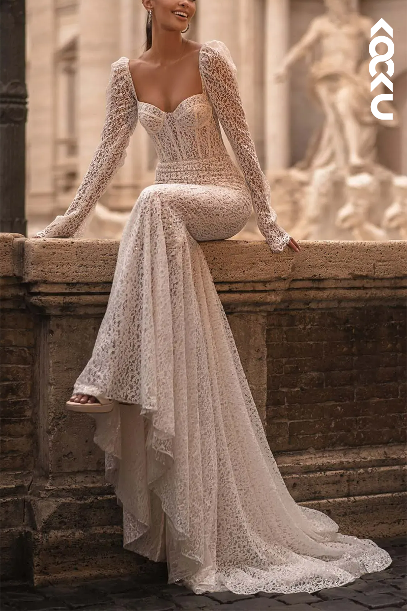 K1567 - Sweetheart Long Sleeves Sheer Lace Mermaid Long Wedding Dress