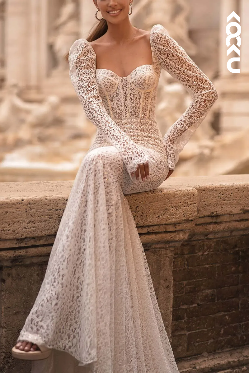 K1567 - Sweetheart Long Sleeves Sheer Lace Mermaid Long Wedding Dress