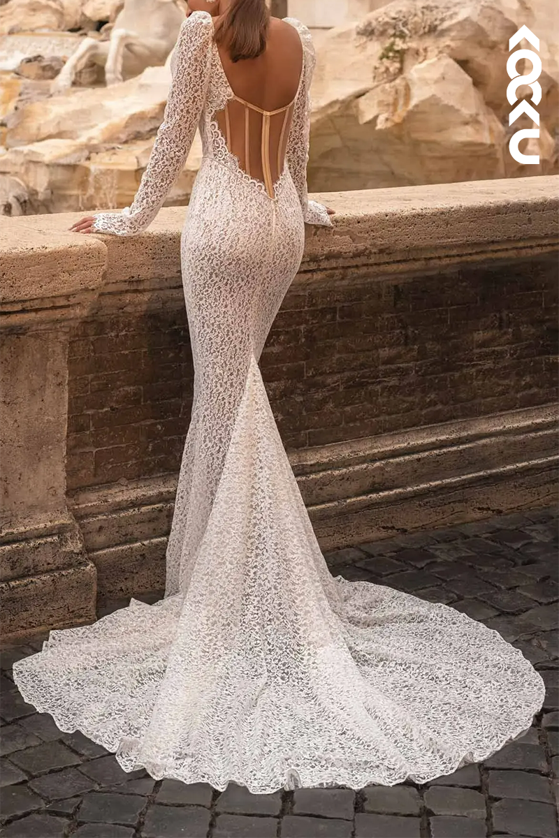 K1567 - Sweetheart Long Sleeves Sheer Lace Mermaid Long Wedding Dress