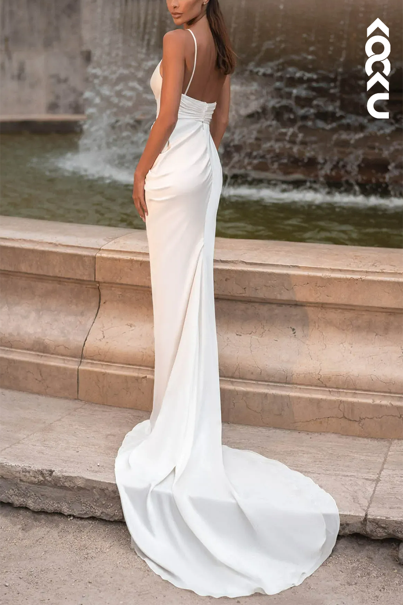 K1568 - V-Neck Spaghetti Straps Beaded Ruched Satin Sheath Long Wedding Dress