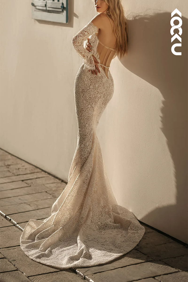 K1570 - Sweetheart Lace Mermaid Long Wedding Dress With Detachable Sleeves