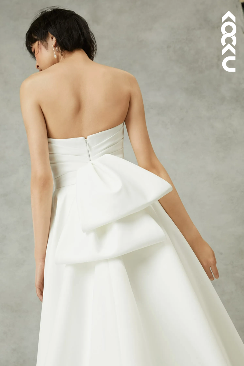 K1571 - V-Neck Strapless Sleeveless Ruched Satin A-Line Long Wedding Dress