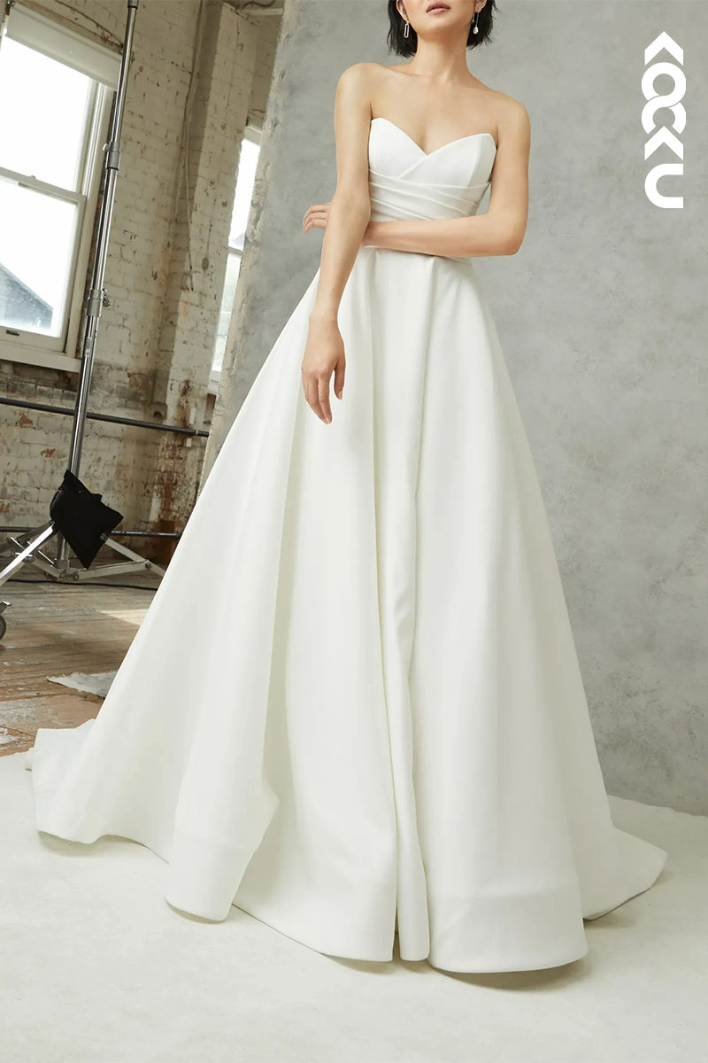 K1571 - V-Neck Strapless Sleeveless Ruched Satin A-Line Long Wedding Dress