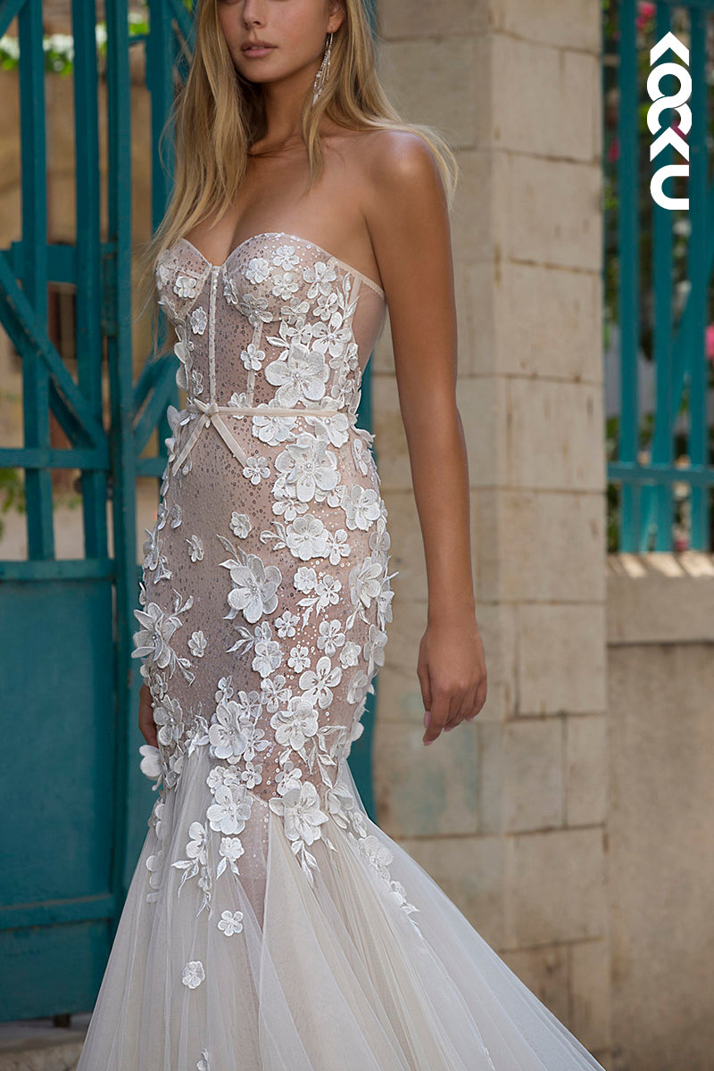 K1572 - Sweetheart Strapless Appliqued Sheer Tulle Mermaid Long Wedding Dress