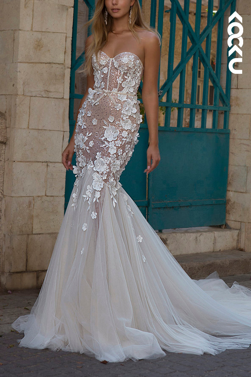 K1572 - Sweetheart Strapless Appliqued Sheer Tulle Mermaid Long Wedding Dress