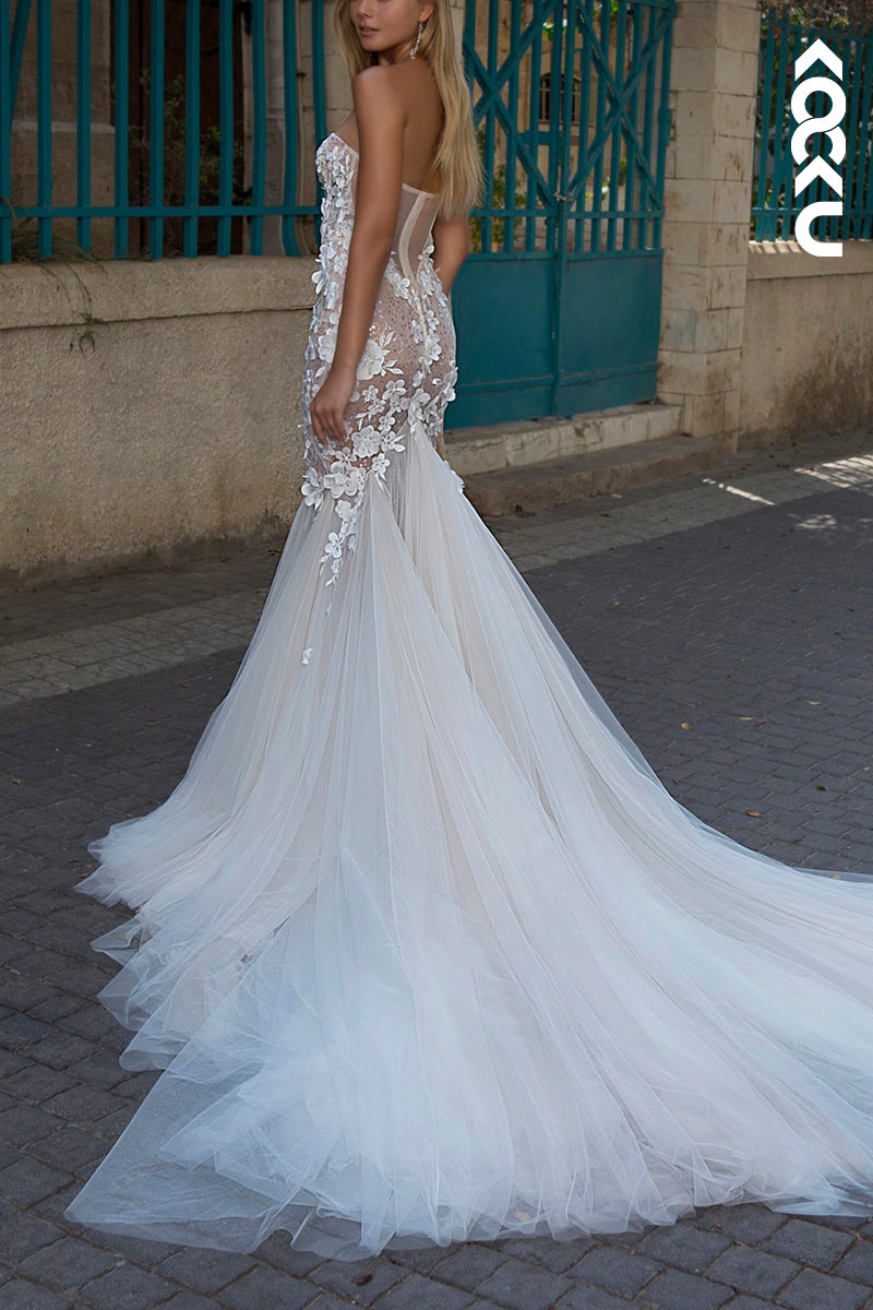 K1572 - Sweetheart Strapless Appliqued Sheer Tulle Mermaid Long Wedding Dress