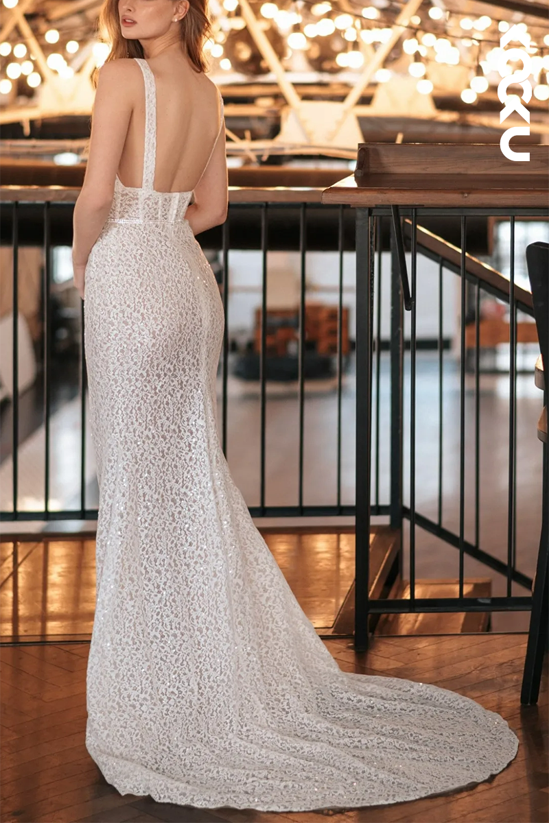 K1573 - V-Neck Beaded Sheer Ruched Lace Sheath Long Wedding Dress With Slit