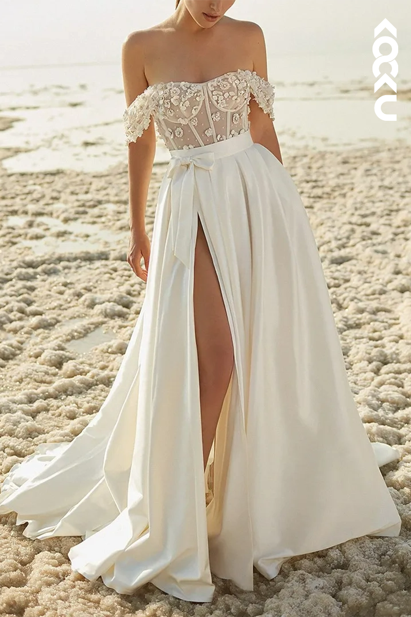 K1574 - Off-Shoulder Appliqued Beaded Tulle Satin A-Line Long Wedding Dress