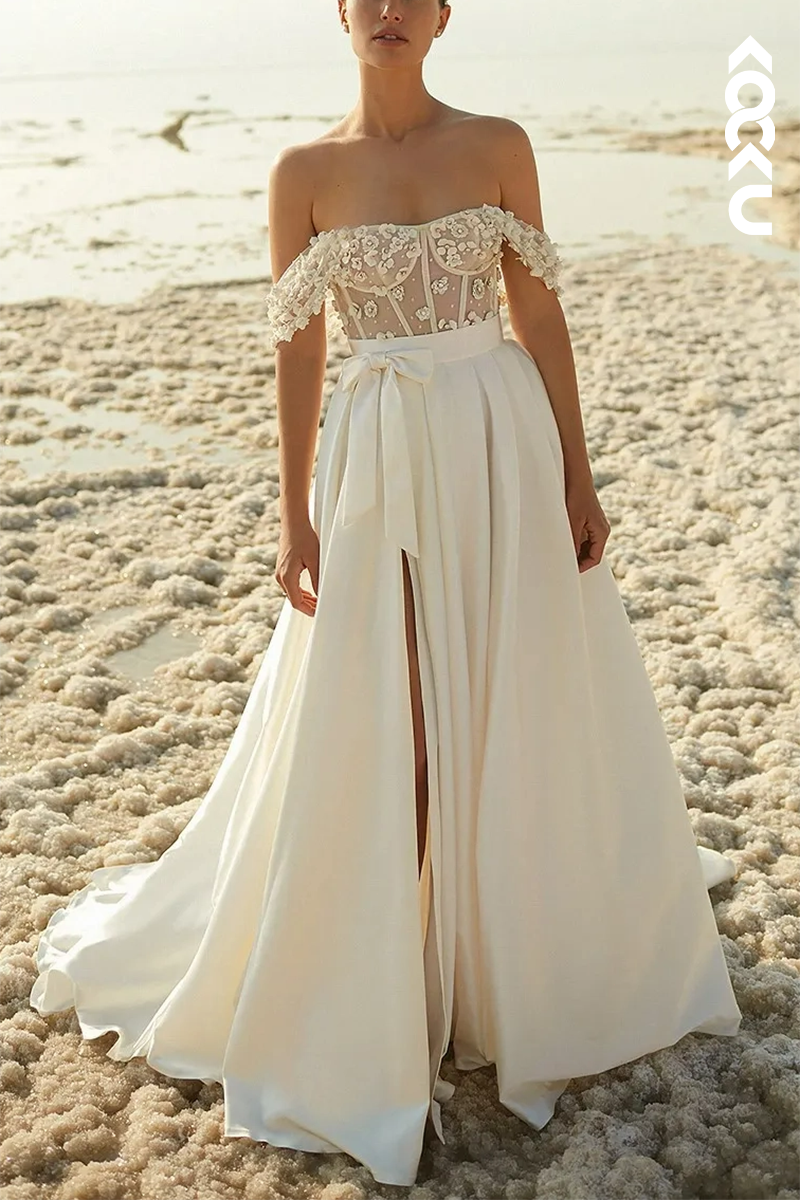 K1574 - Off-Shoulder Appliqued Beaded Tulle Satin A-Line Long Wedding Dress