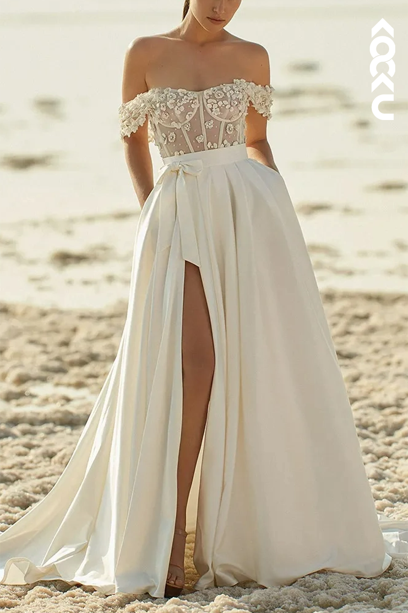 K1574 - Off-Shoulder Appliqued Beaded Tulle Satin A-Line Long Wedding Dress