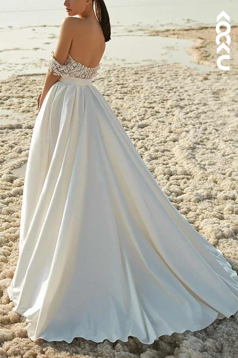 K1574 - Off-Shoulder Appliqued Beaded Tulle Satin A-Line Long Wedding Dress