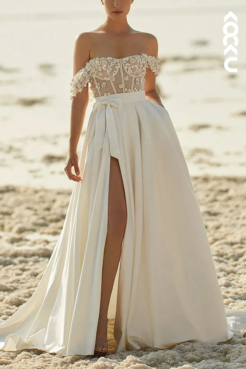 K1574 - Off-Shoulder Appliqued Beaded Tulle Satin A-Line Long Wedding Dress