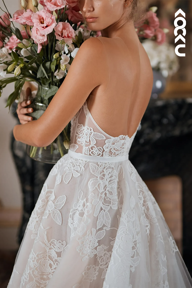 K1576 - Sweetheart Strapless Appliqued Sheer Tulle A-Line Long Wedding Dress