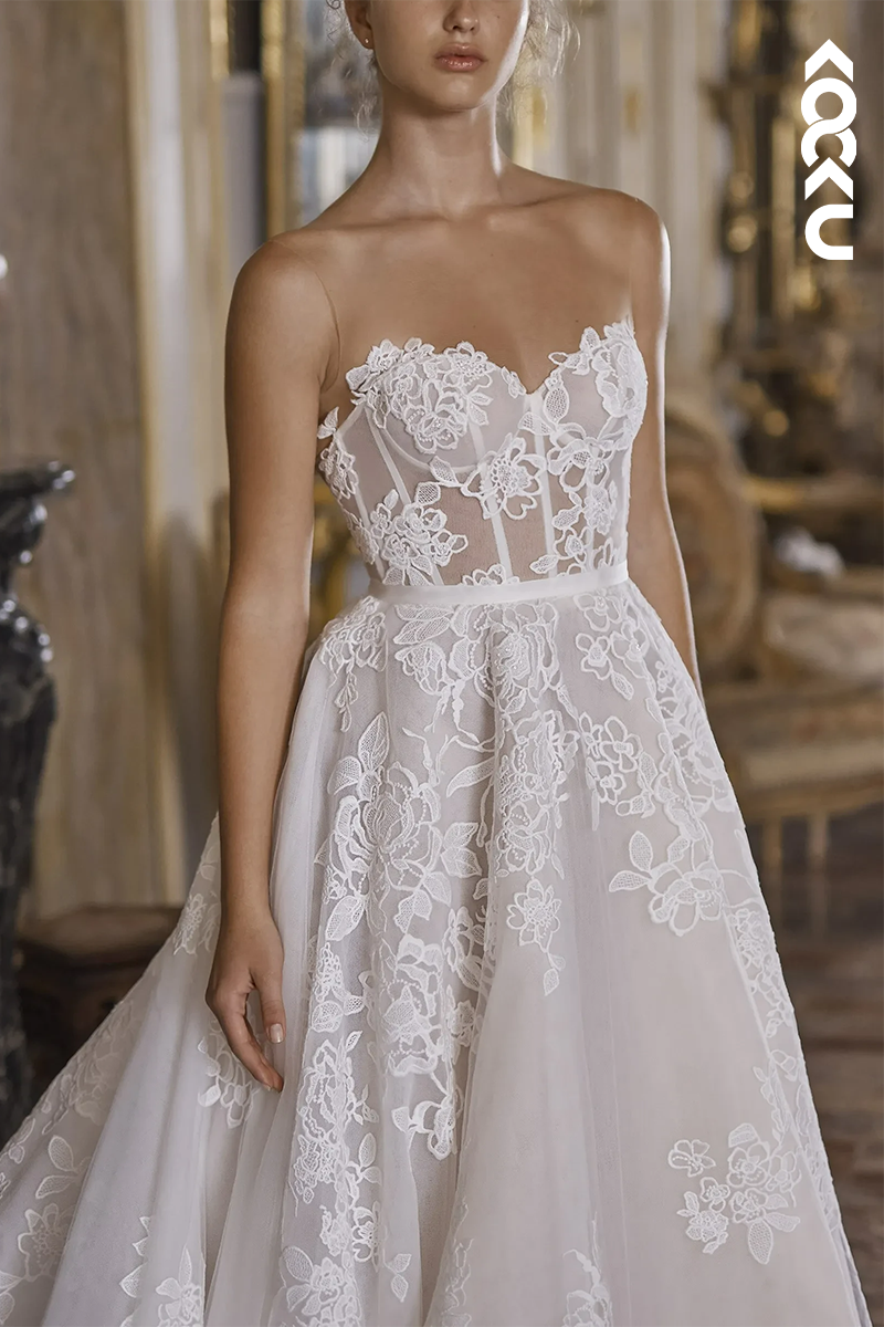 K1576 - Sweetheart Strapless Appliqued Sheer Tulle A-Line Long Wedding Dress