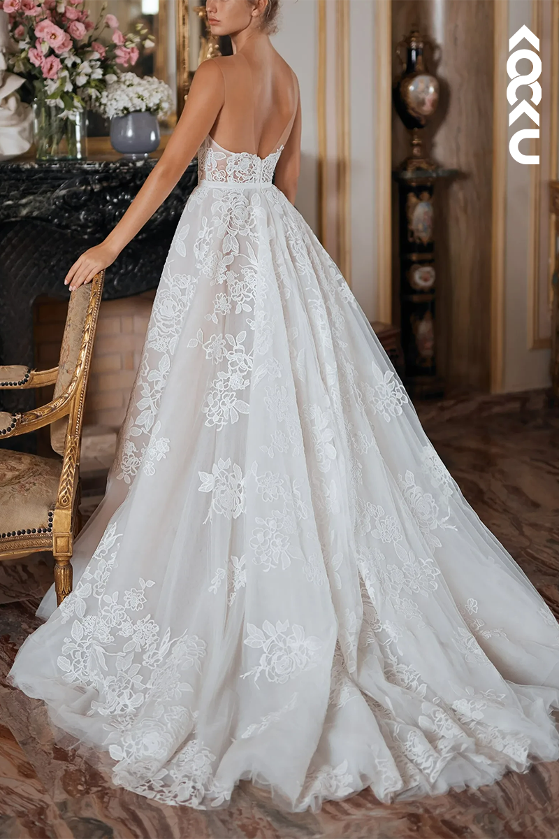 K1576 - Sweetheart Strapless Appliqued Sheer Tulle A-Line Long Wedding Dress