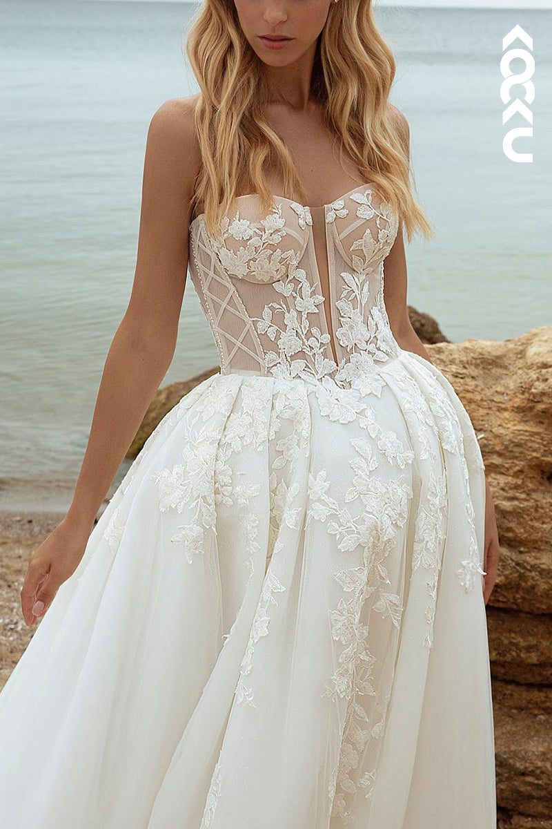 K1578 - Sweetheart Strapless Appliqued Sheer Tulle A-Line Long Wedding Dress