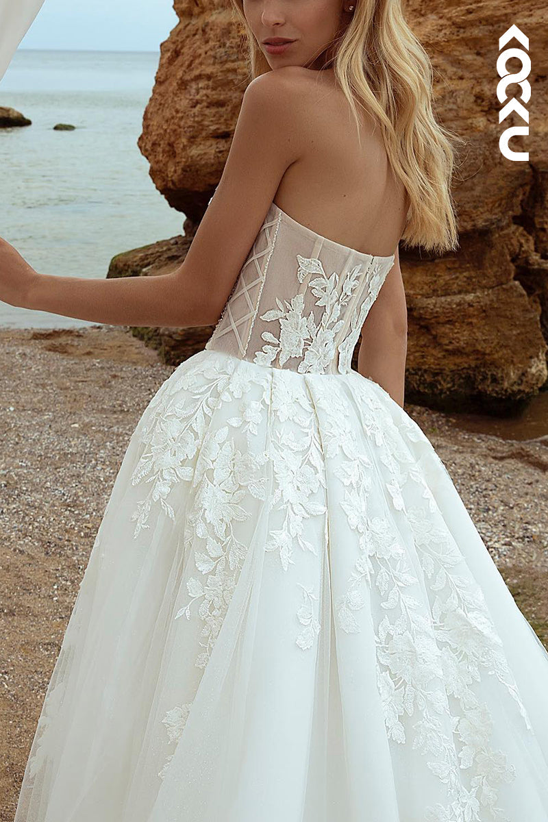 K1578 - Sweetheart Strapless Appliqued Sheer Tulle A-Line Long Wedding Dress