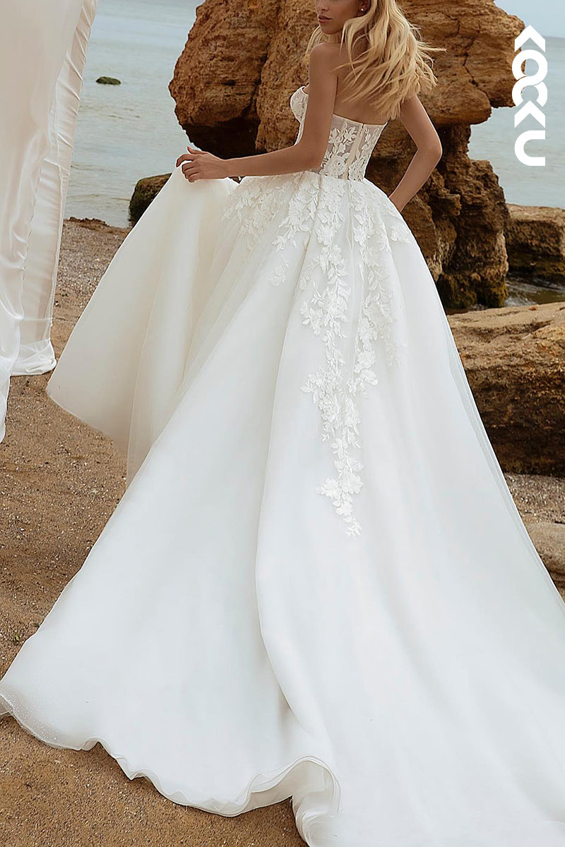 K1578 - Sweetheart Strapless Appliqued Sheer Tulle A-Line Long Wedding Dress