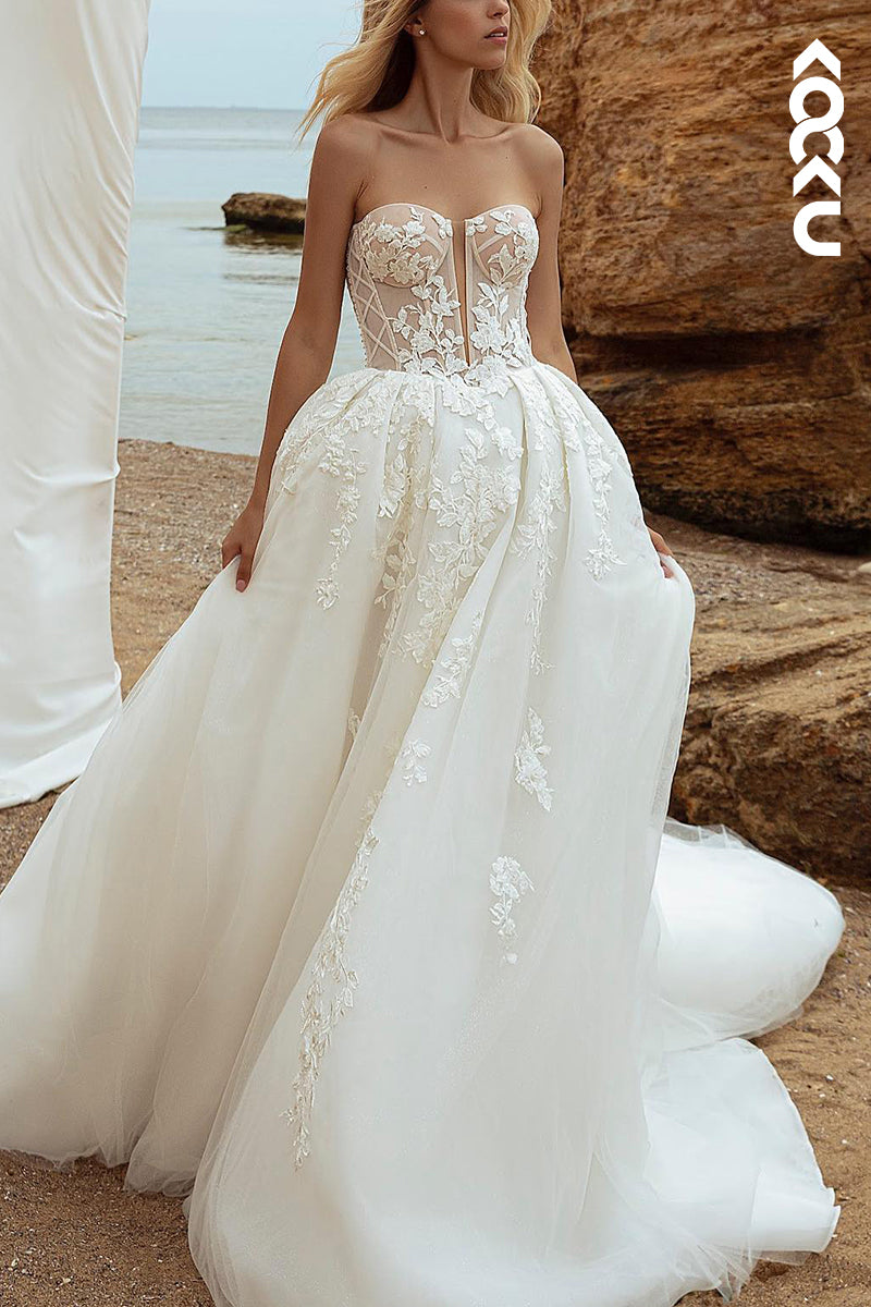 K1578 - Sweetheart Strapless Appliqued Sheer Tulle A-Line Long Wedding Dress