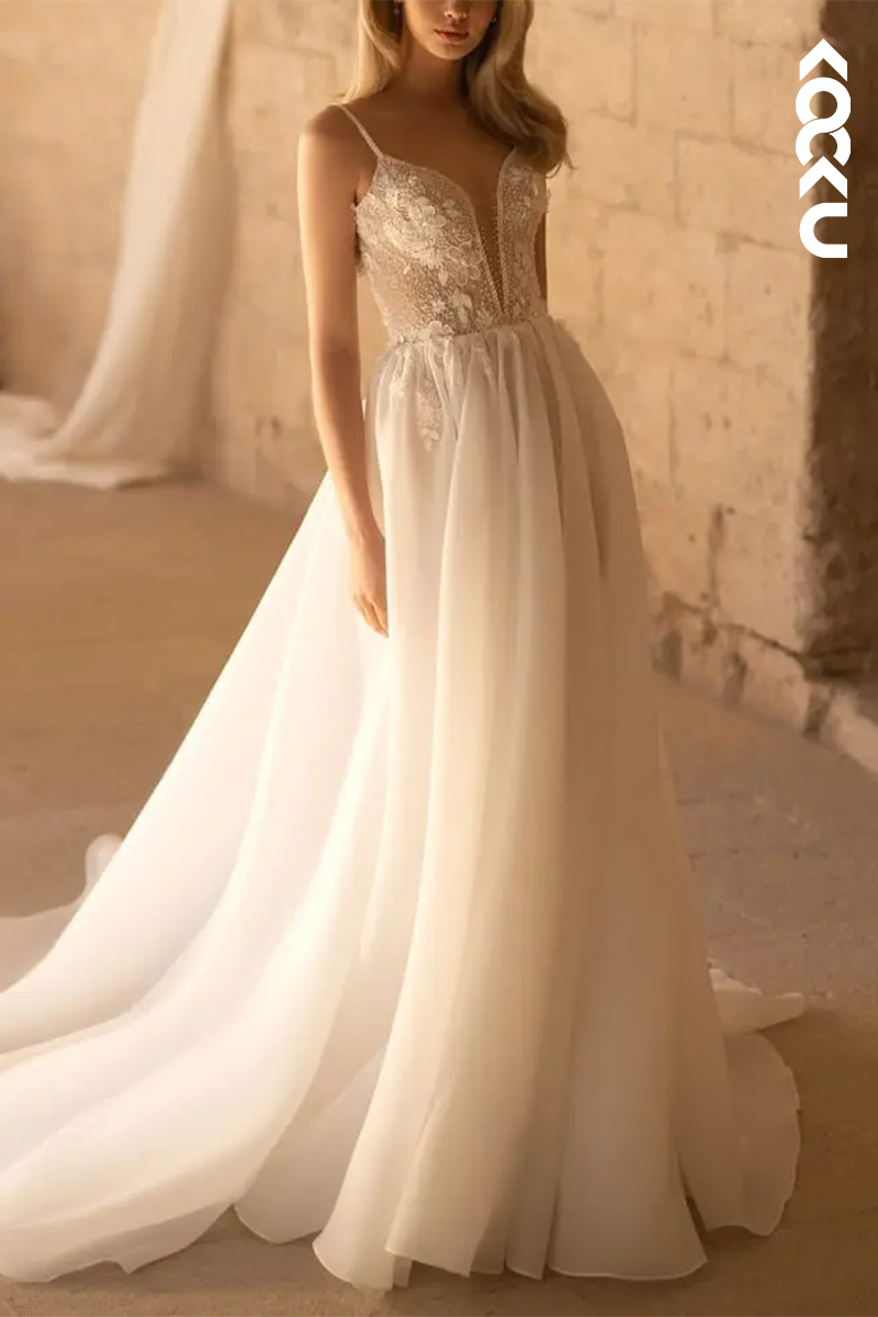 K1579 - Low V-Neck Spaghetti Straps Appliqued Tulle A-Line Long Wedding Dress