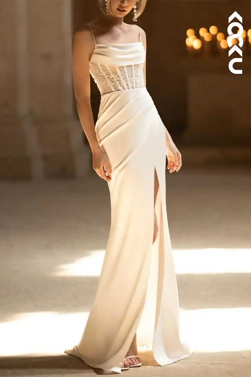 K1580 - Square Neck Spaghetti Straps Ruched Satin Sheath Long Wedding Dress