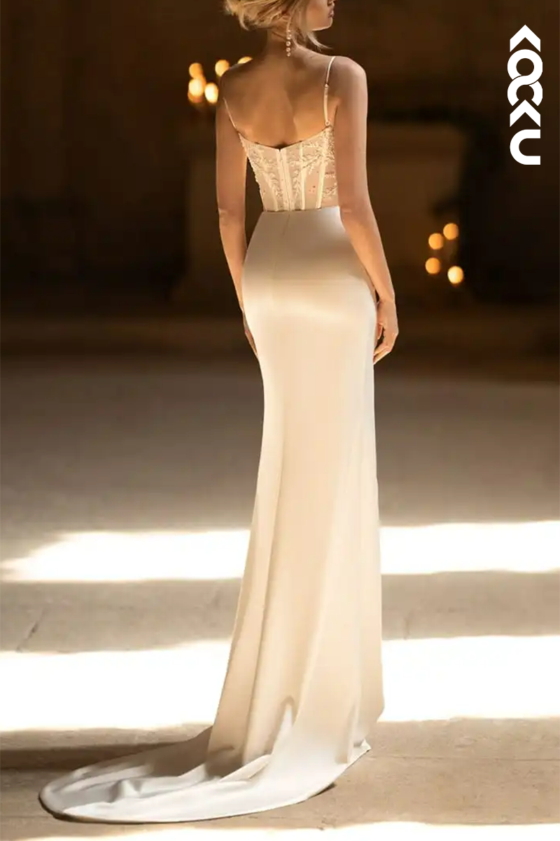 K1580 - Square Neck Spaghetti Straps Ruched Satin Sheath Long Wedding Dress