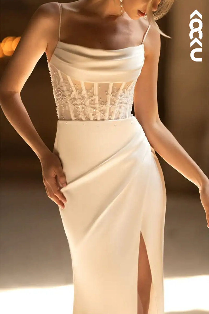 K1580 - Square Neck Spaghetti Straps Ruched Satin Sheath Long Wedding Dress