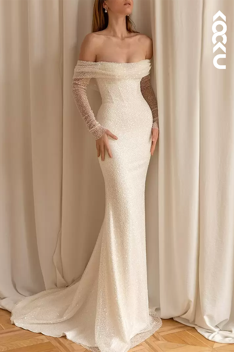 K1584 - Off-Shoulder Long Sleeves Ruched Sequins Sheath Long Wedding Dress