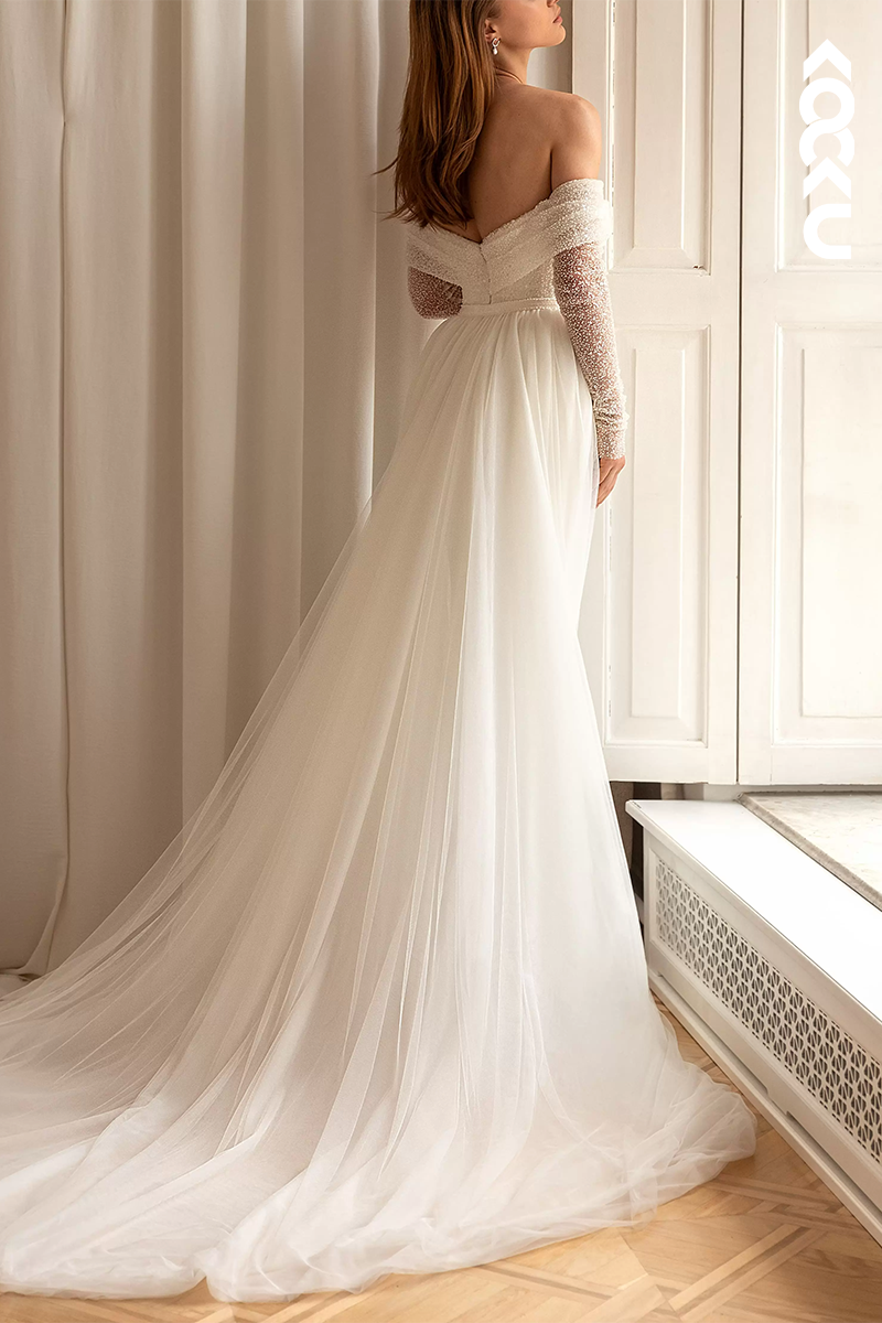 K1584 - Off-Shoulder Long Sleeves Ruched Sequins Sheath Long Wedding Dress