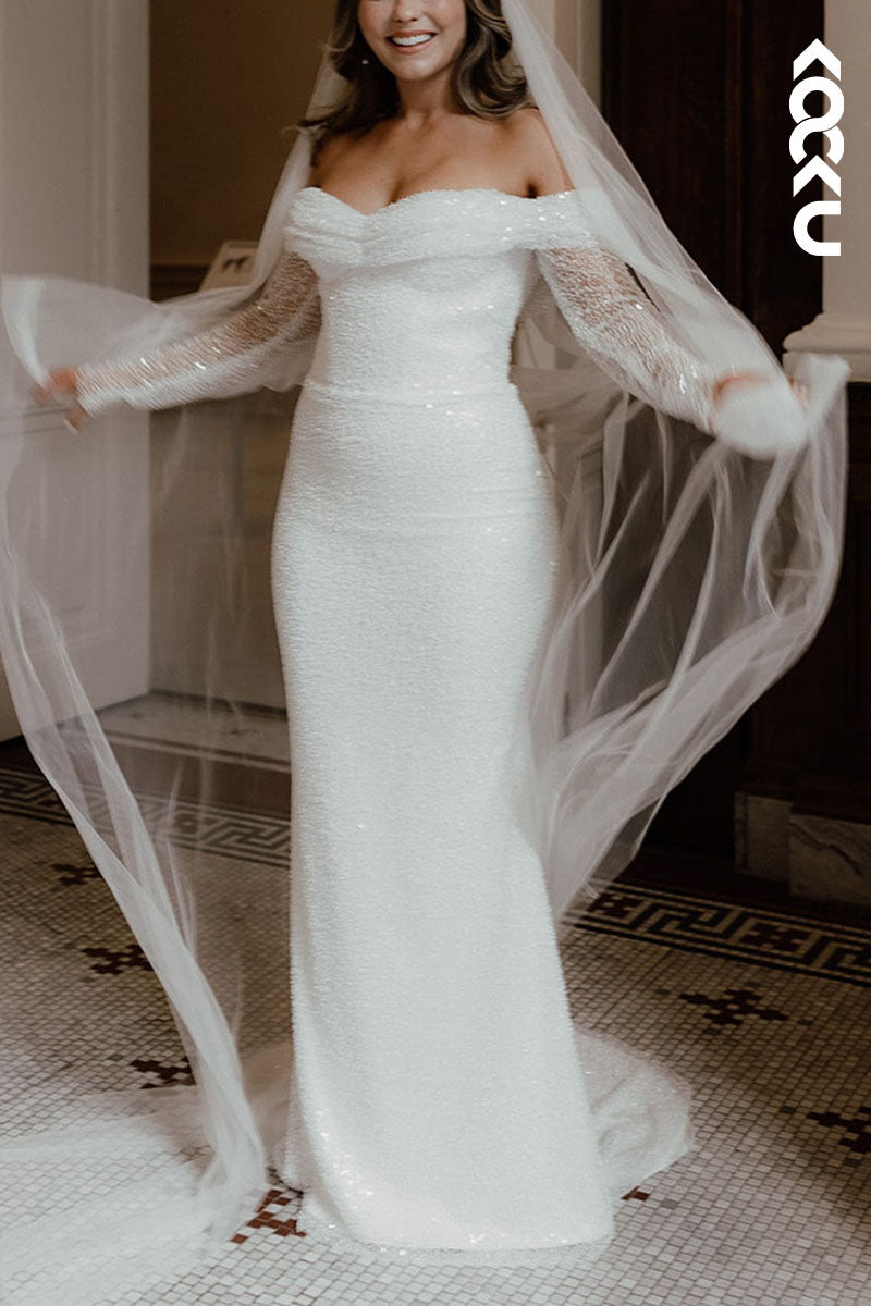 K1584 - Off-Shoulder Long Sleeves Ruched Sequins Sheath Long Wedding Dress