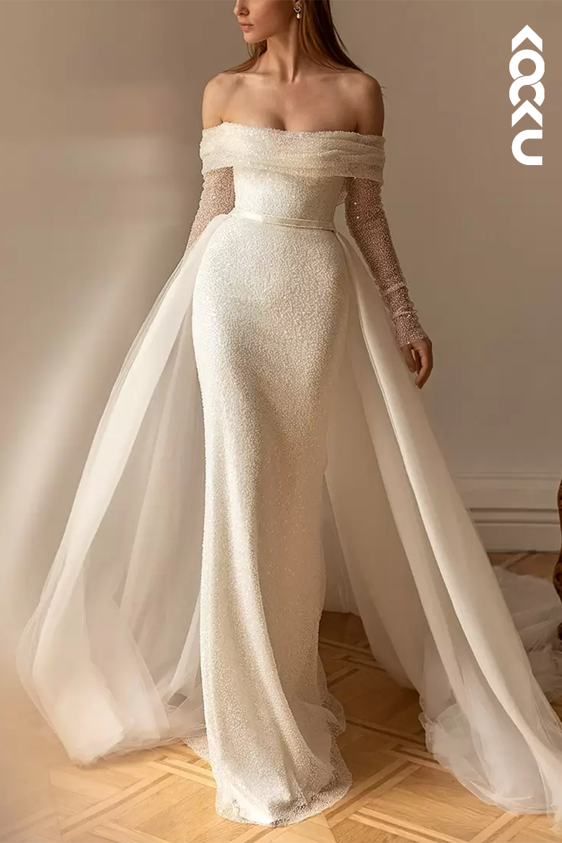 K1584 - Off-Shoulder Long Sleeves Ruched Sequins Sheath Long Wedding Dress