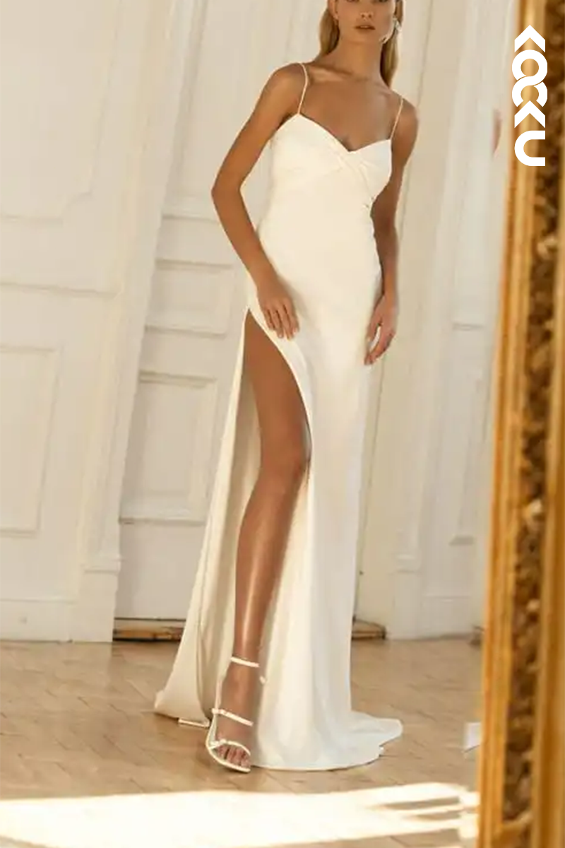 K1585 - V-Neck Spaghetti Straps Ruched Satin Sheath Long Wedding Dress