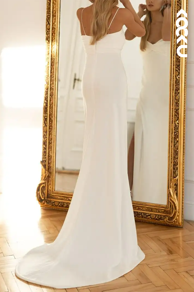 K1585 - V-Neck Spaghetti Straps Ruched Satin Sheath Long Wedding Dress