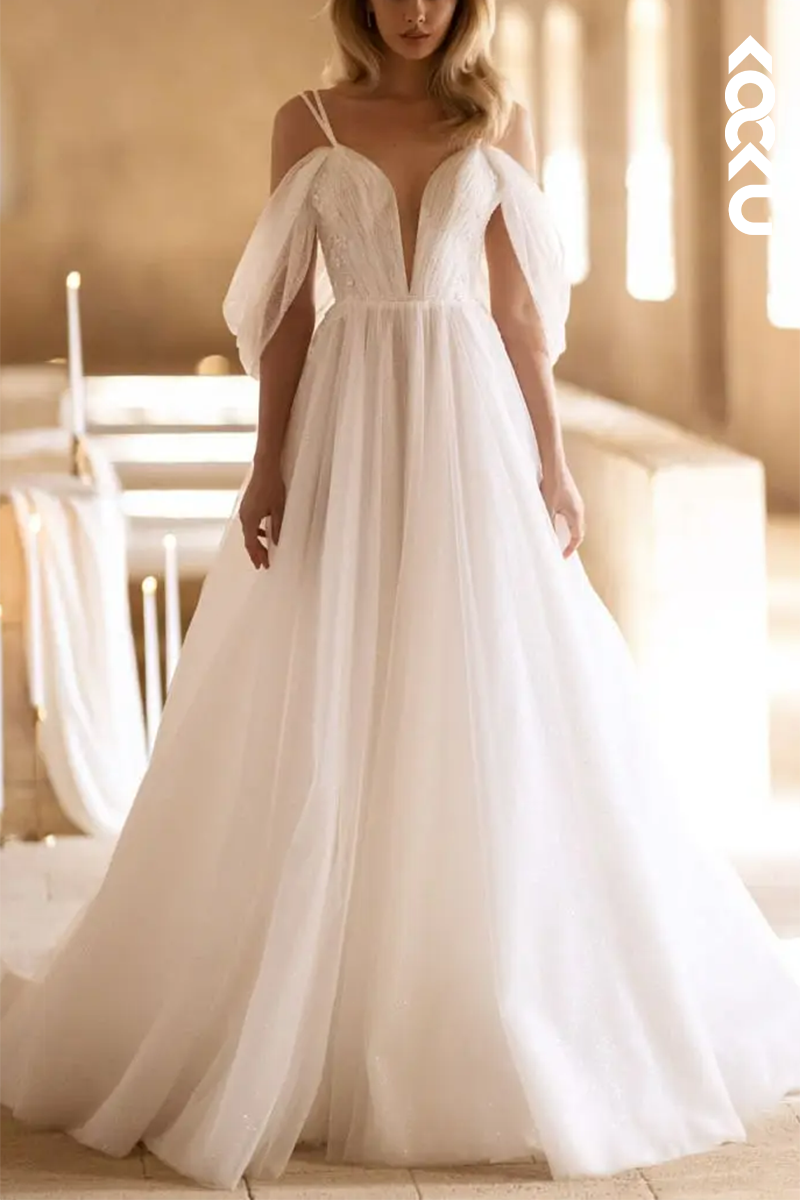 K1586 - Low V-Neck Off-Shoulder Ruched Tulle A-Line Long Wedding Dress