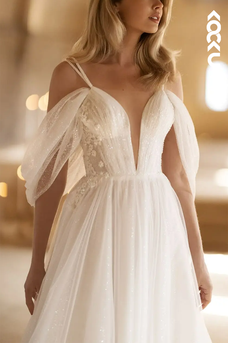 K1586 - Low V-Neck Off-Shoulder Ruched Tulle A-Line Long Wedding Dress