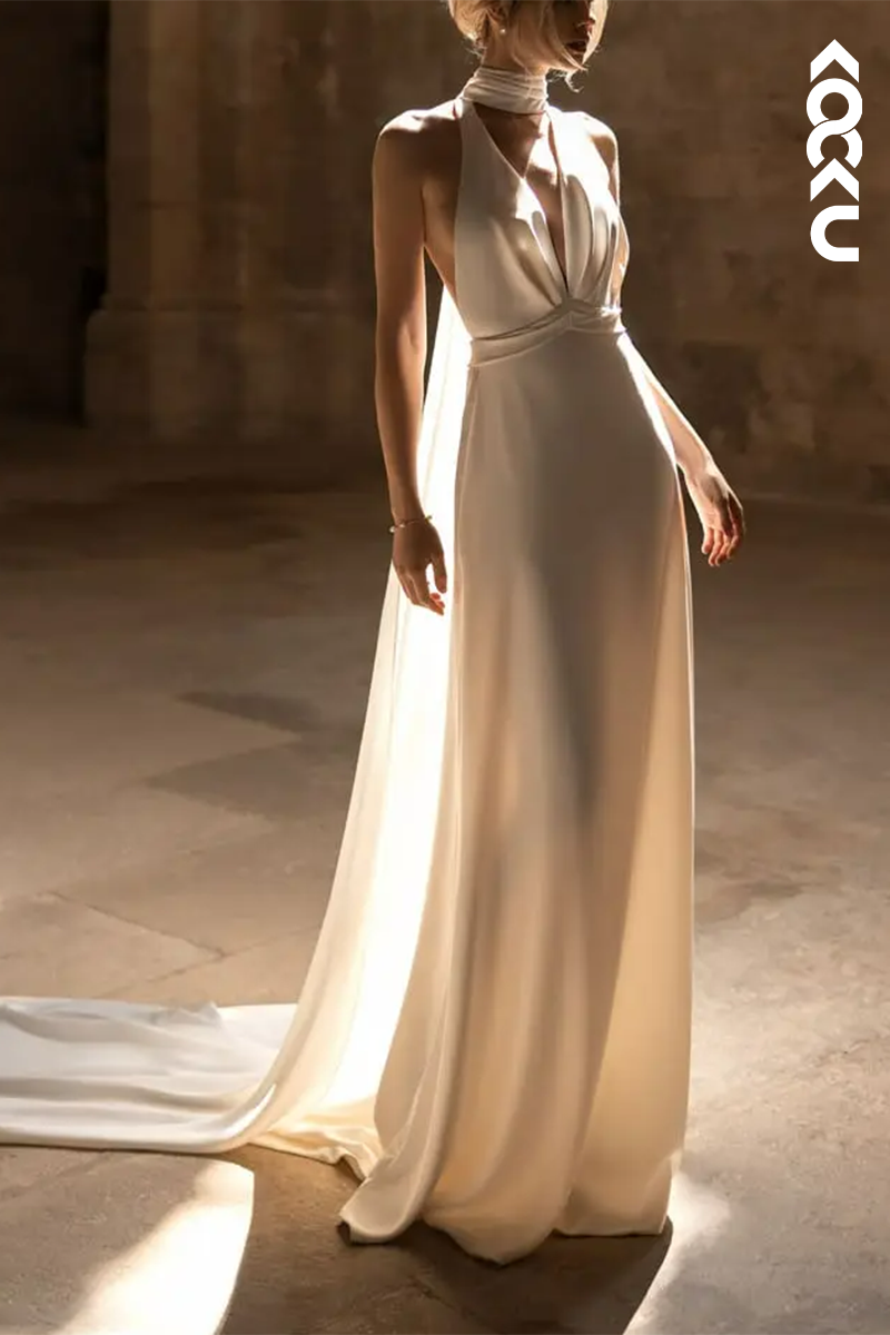 K1587 - Halter Low V-Neck Sleeveless Ruched Satin A-Line Long Wedding Dress