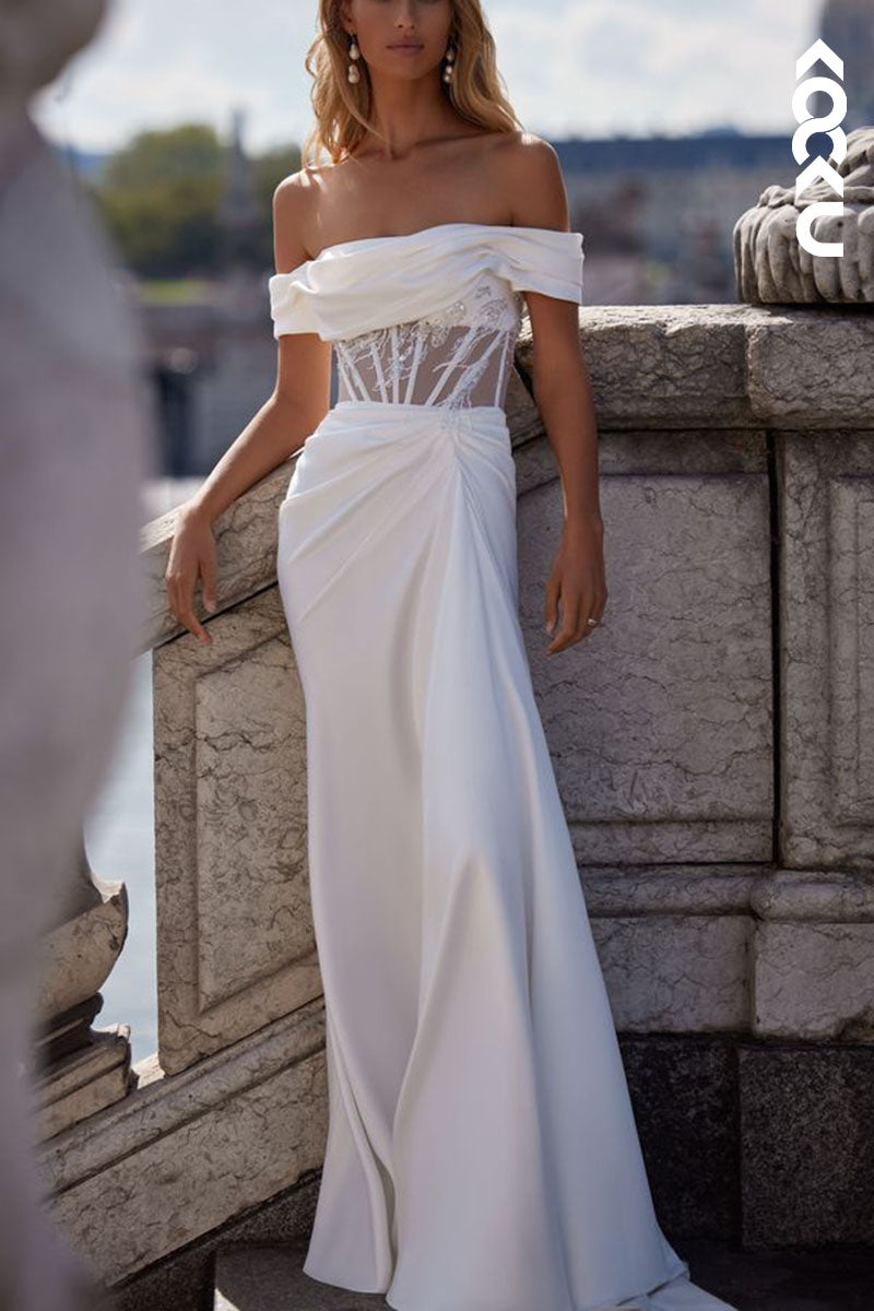 K1588 - Off-Shoulder Strapless Ruched Satin Sheath Long Wedding Dress